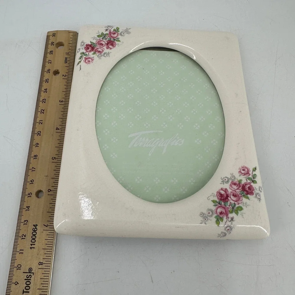 Terragrafics 1984 Vintage Ceramic Pink Rose Floral Oval Picture Frame Cream 5x7